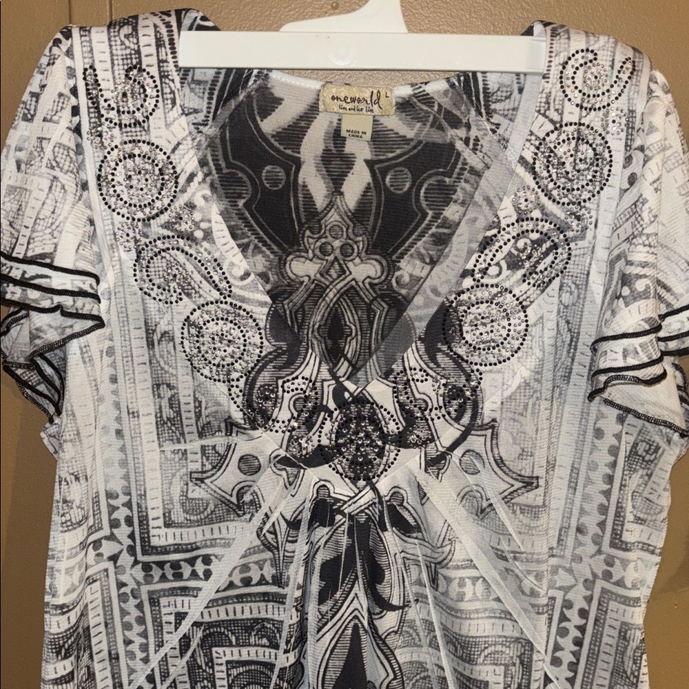 SIZE L, one world, live &let live Black & White V-Neck Embellished Women's Tunic